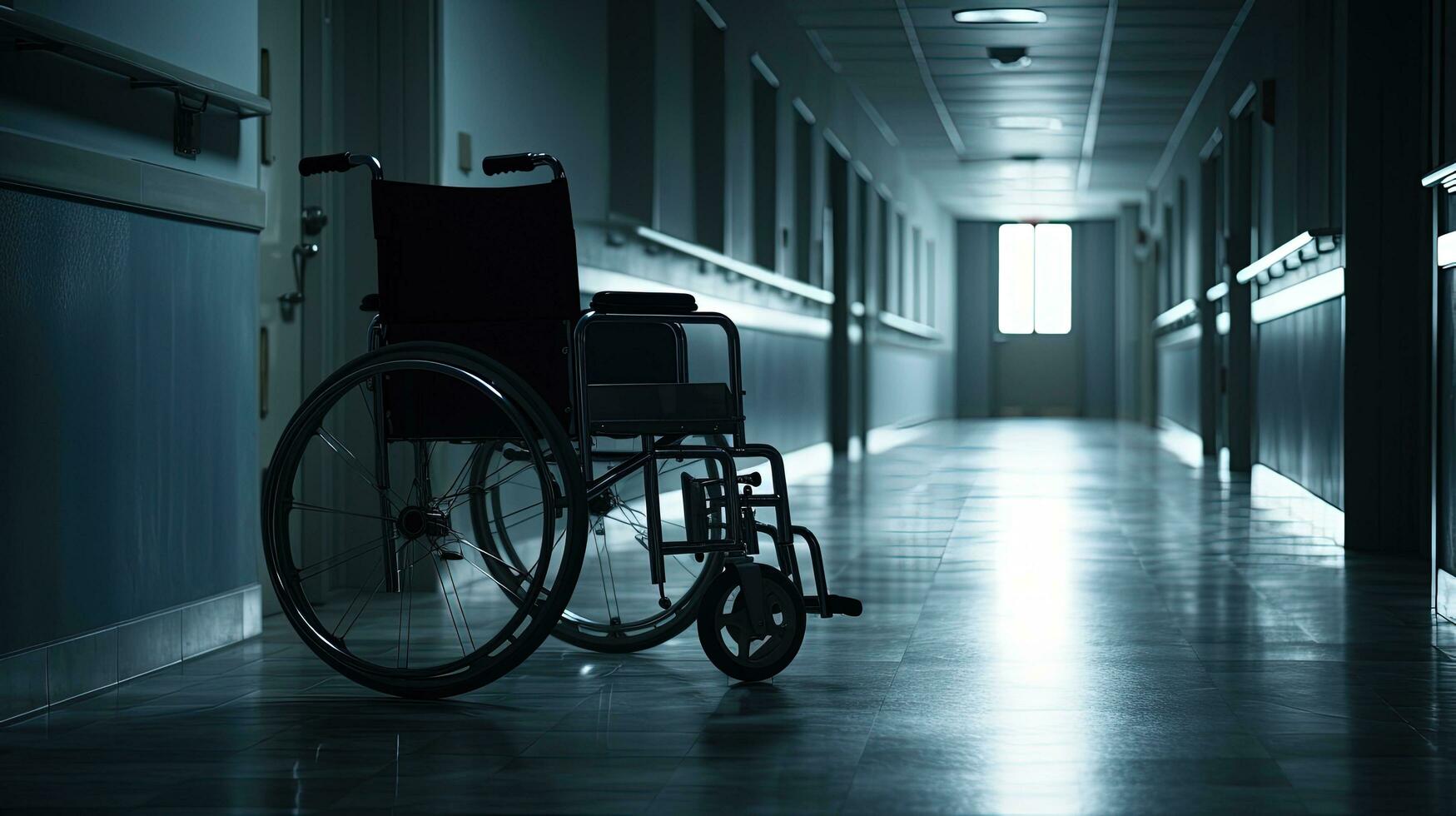 imagens do a desocupado cadeira de rodas dentro a esvaziar hospital corredor simbólico do doença ou isolamento. silhueta conceito foto