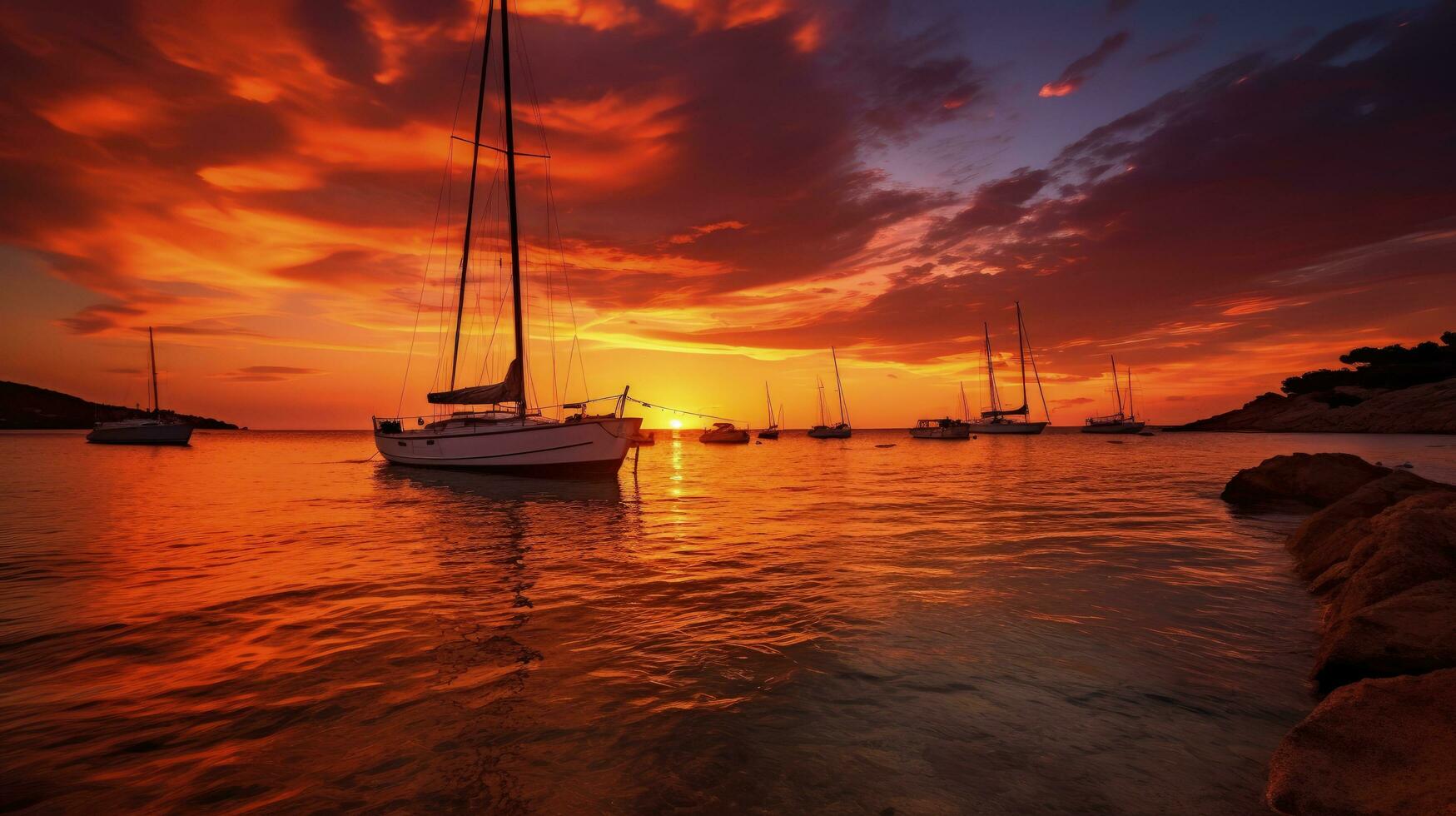 deslumbrante pôr do sol dentro ibiza com dourado e vermelho cores e barco silhuetas foto