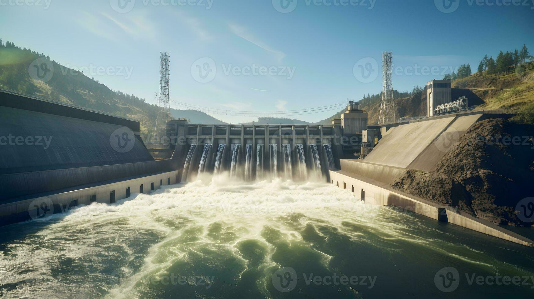 luz do dia Visão do hidroelétrica barragem e do rio energia geração ai generativo foto