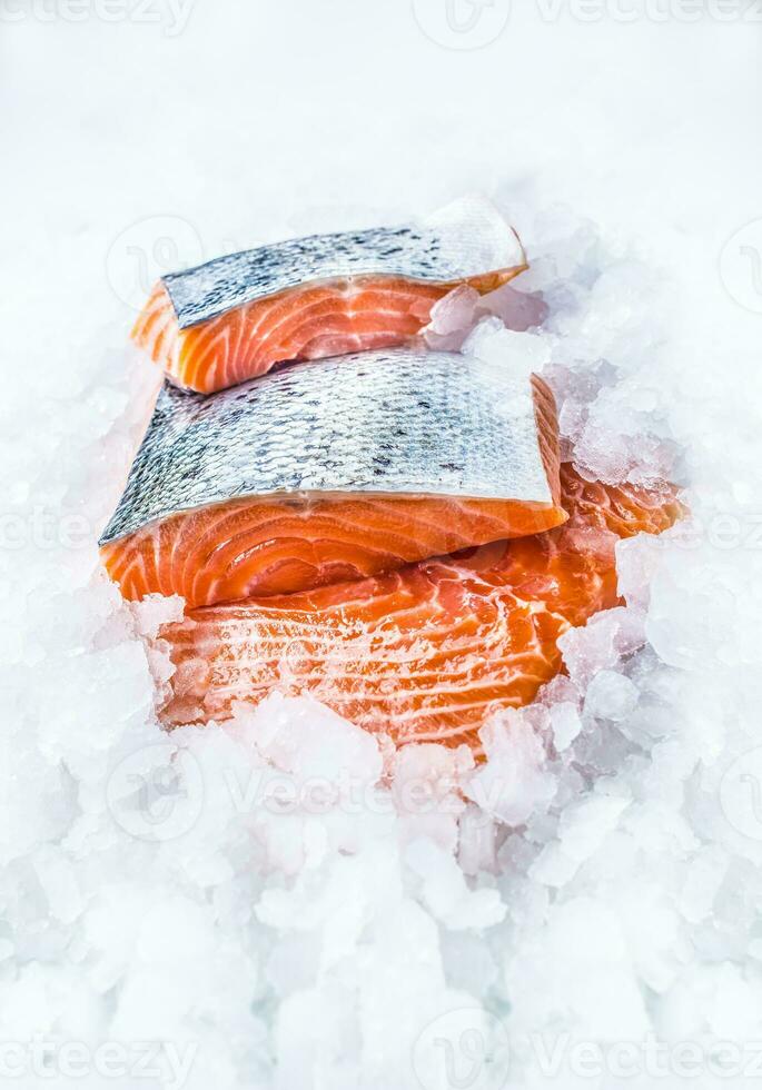 fechar-se fresco cru salmão filetes em gelo foto