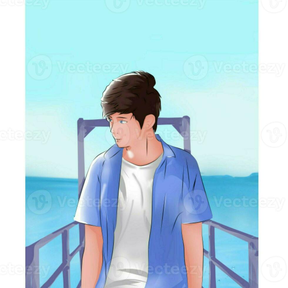 sereno costeiro cena ilustração do uma juventude dentro céu azul vestuário em uma azul céu de praia foto