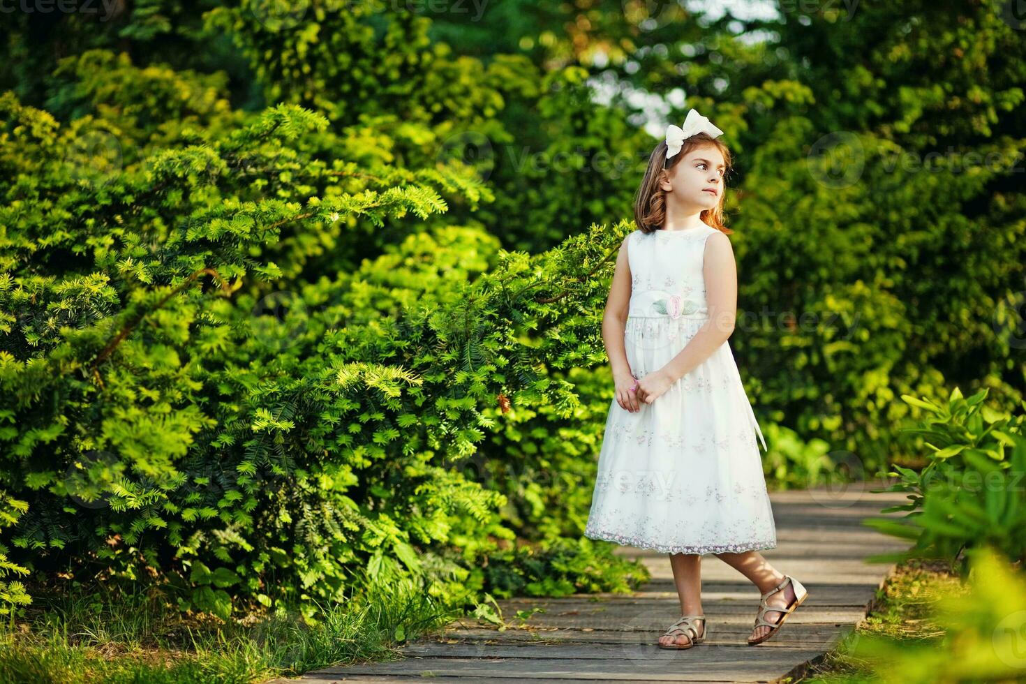 uma pequeno menina dentro uma branco vestir caminhando em uma de madeira caminho foto