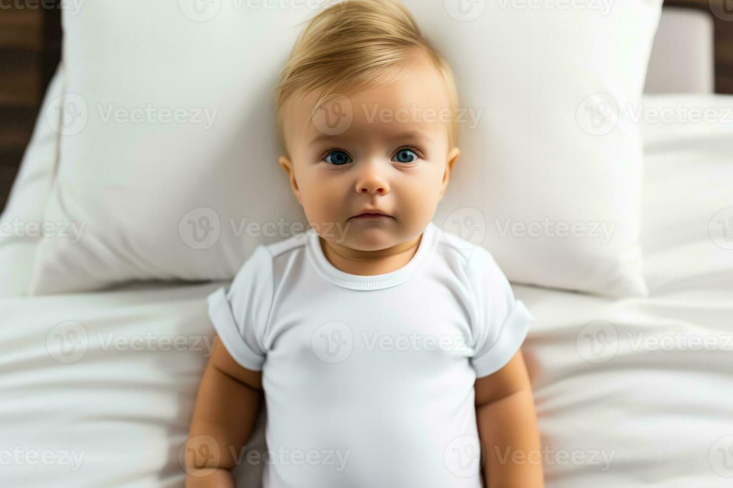 bebê vestindo branco camisa maiô brincar às branco cama fundo foto