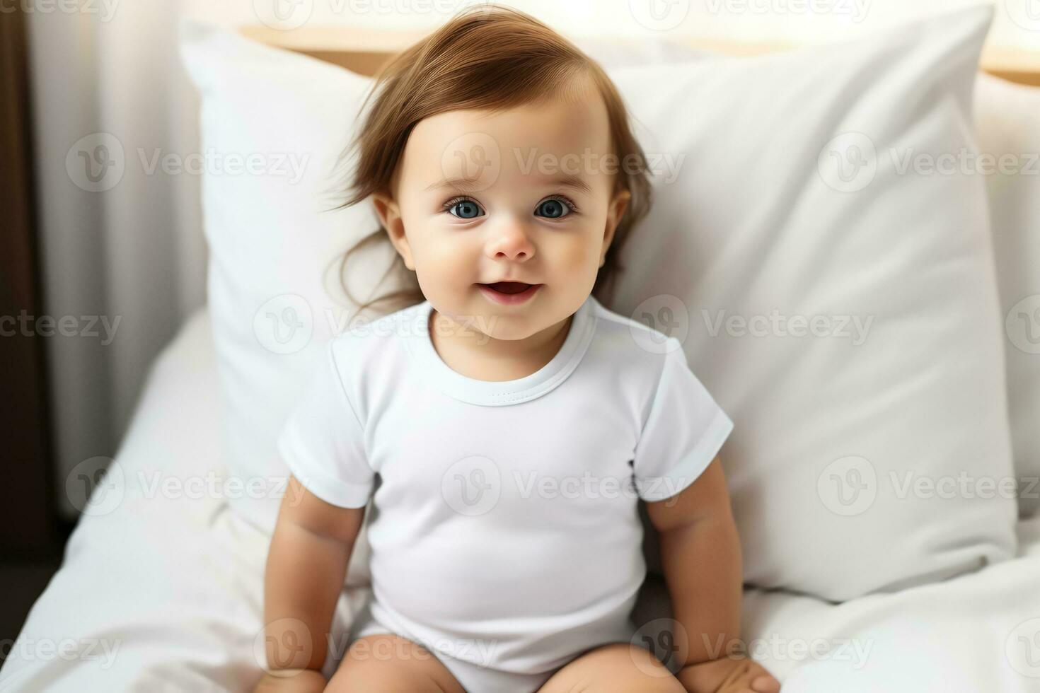 bebê vestindo branco camisa maiô brincar às branco cama fundo foto