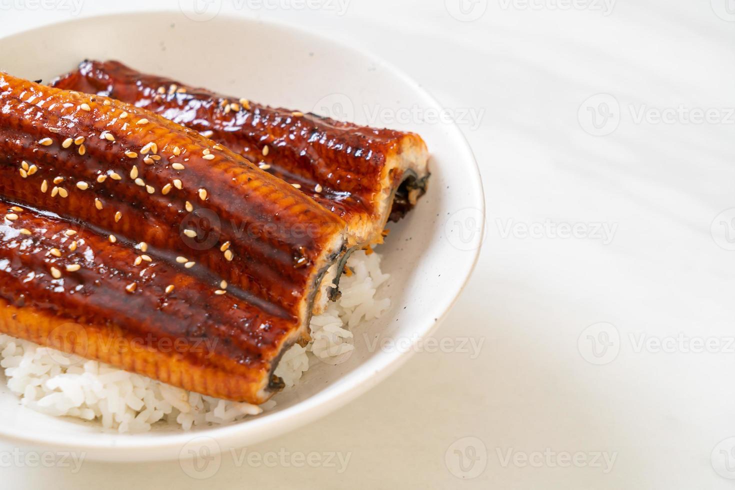 enguia japonesa grelhada com tigela de arroz ou unagi don foto