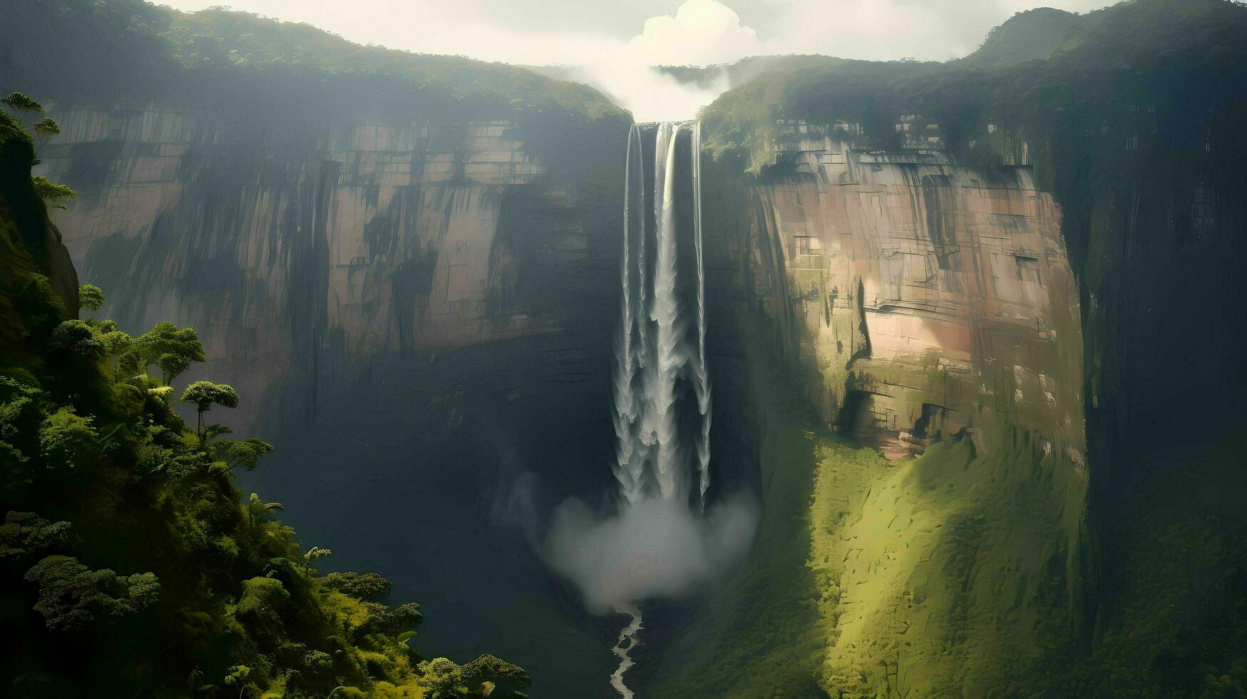 anjo cai a os mundos mais alto cachoeira, anjo cai, Como isto cascatas baixa a tepui falésias cercado de exuberante floresta tropical, destacando a puro altura e natural beleza ai generativo foto