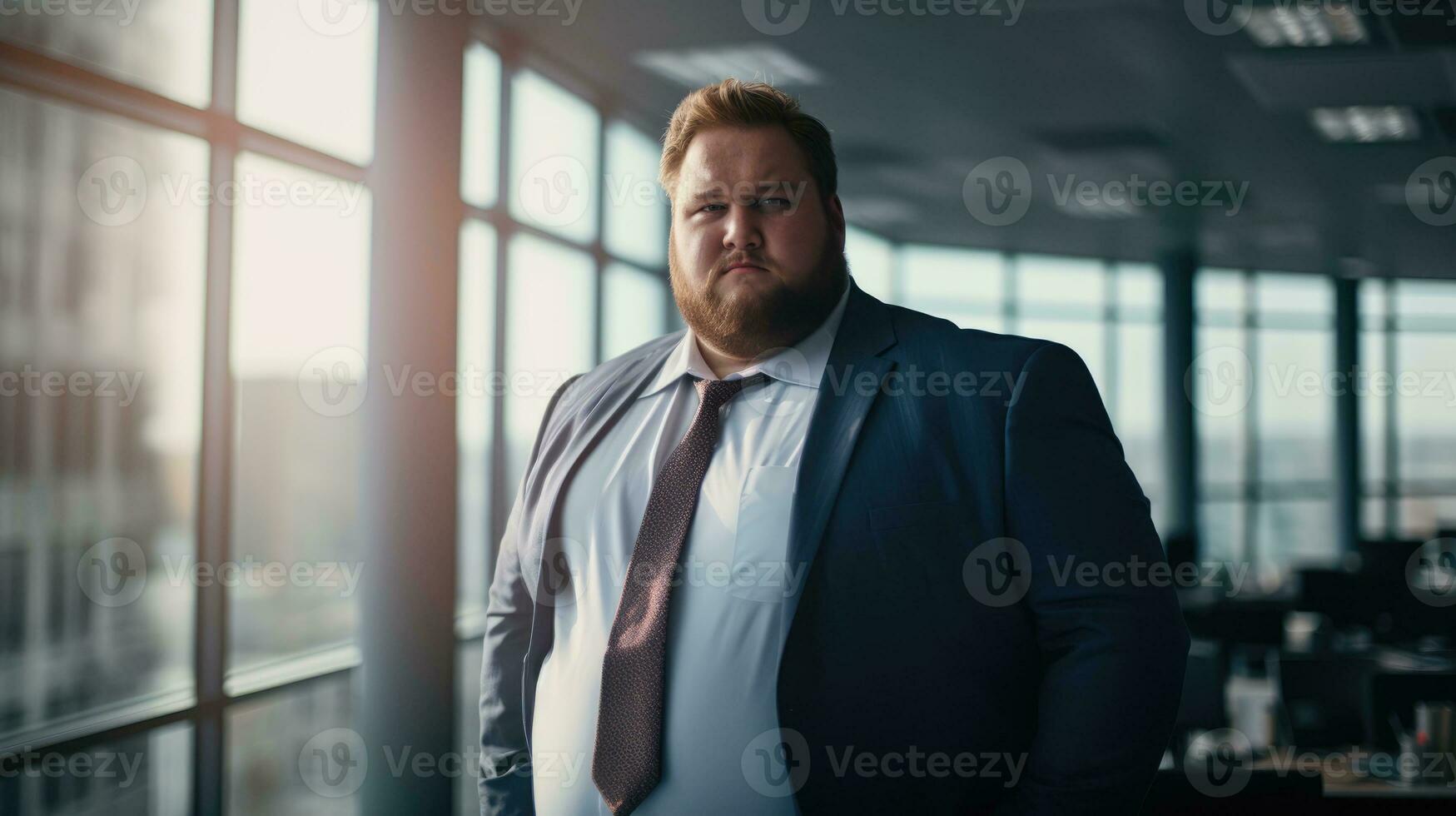 excesso de peso homem dentro moderno escritório. uma gordo homem dentro uma terno, a escritório trabalhador. foto