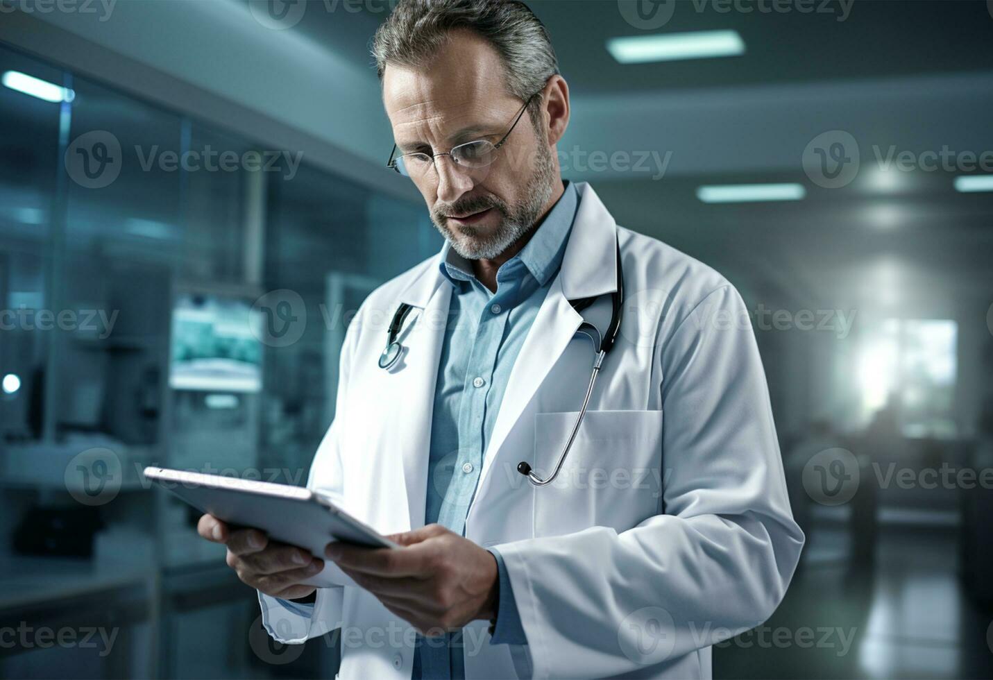 sério maduro médico usando digital tábua dentro hospital. médico e cuidados de saúde conceito ai gerado foto