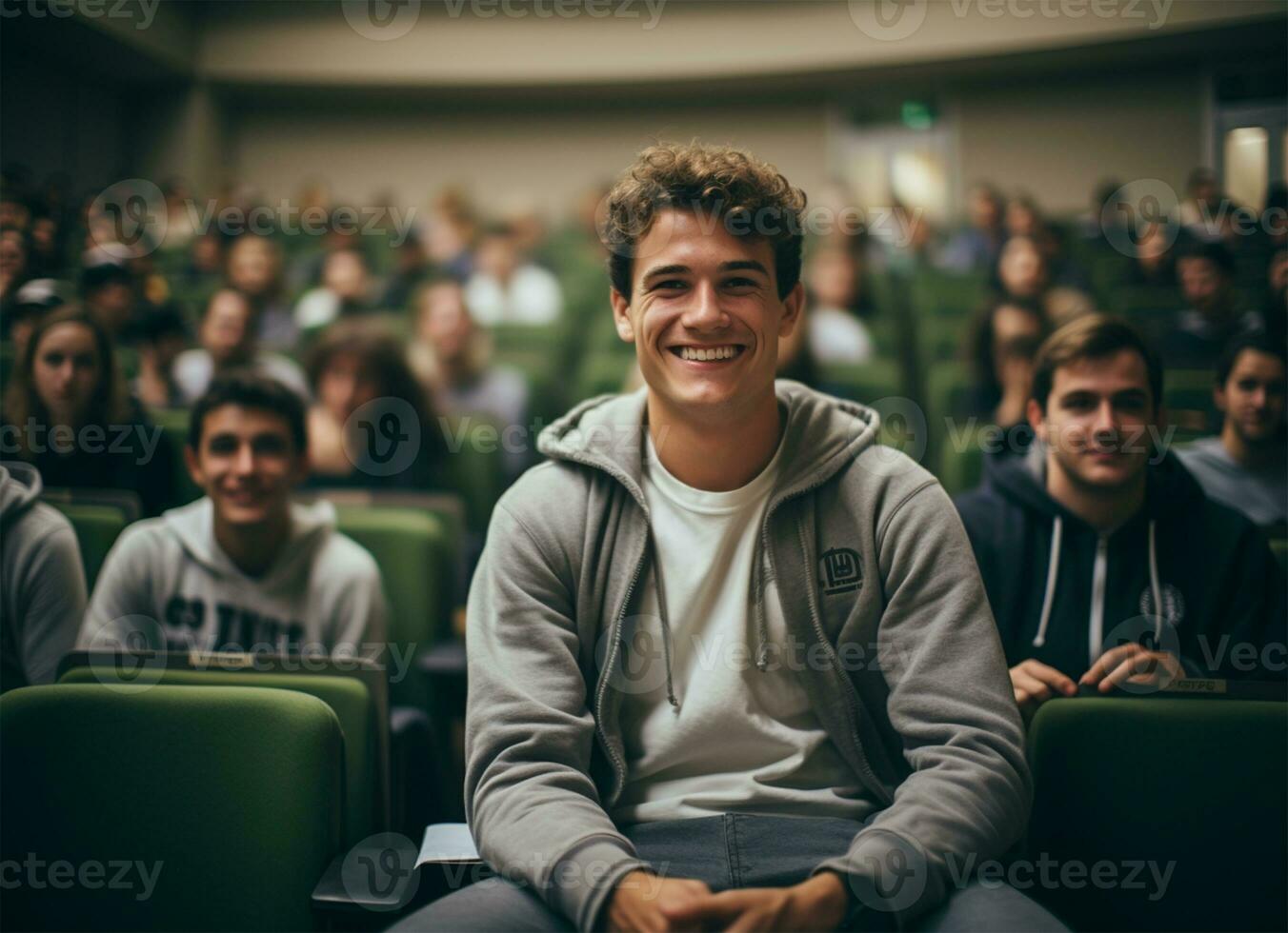 retrato do uma sorridente jovem homem sentado dentro uma palestra corredor ai gerado foto