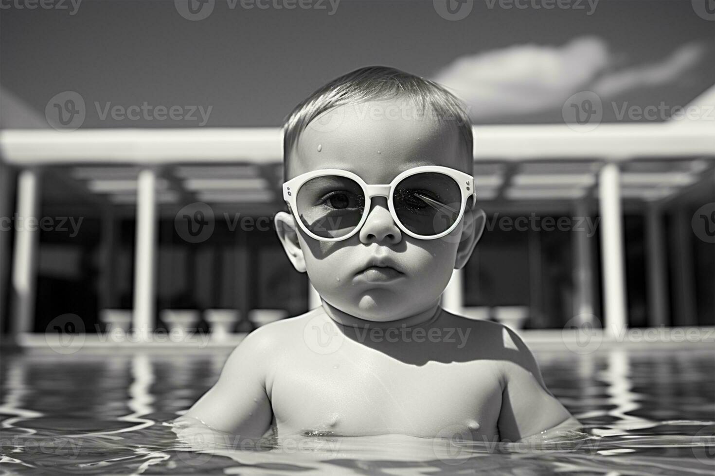 fofa bebê com oculos de sol dentro natação piscina. verão período de férias conceito ai gerado foto