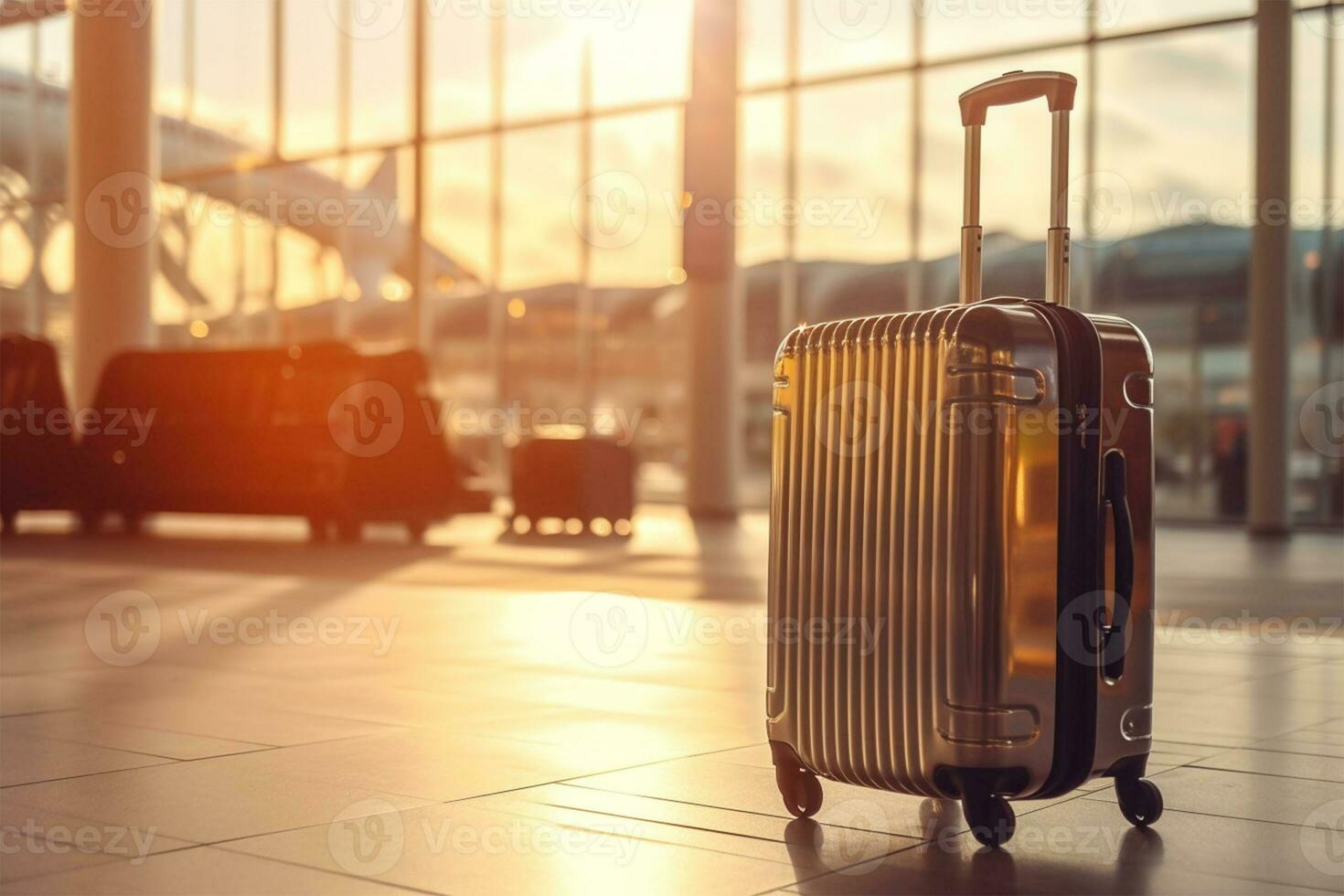 viagem mala de viagem e Jaqueta às a aeroporto embarque área ai gerado foto