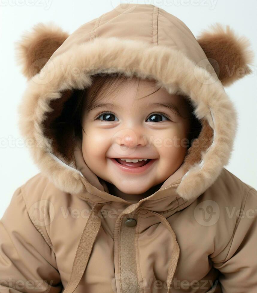 retrato do uma fofa pequeno bebê dentro uma caloroso Castanho Jaqueta ai gerado foto