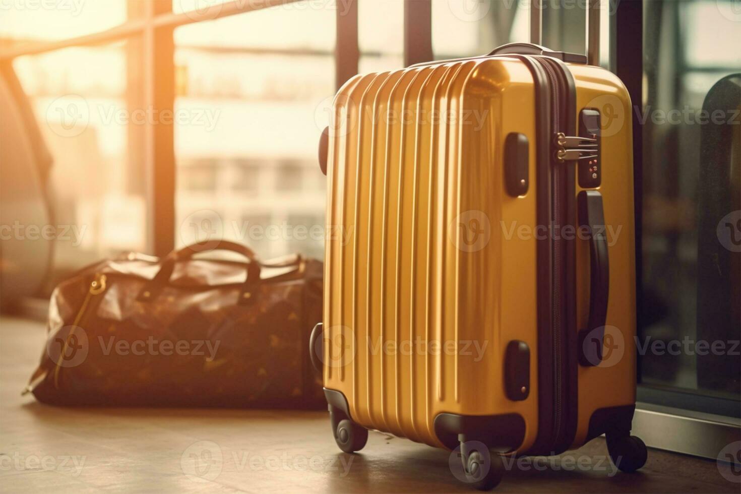 viagem mala de viagem e Jaqueta às a aeroporto embarque área ai gerado foto