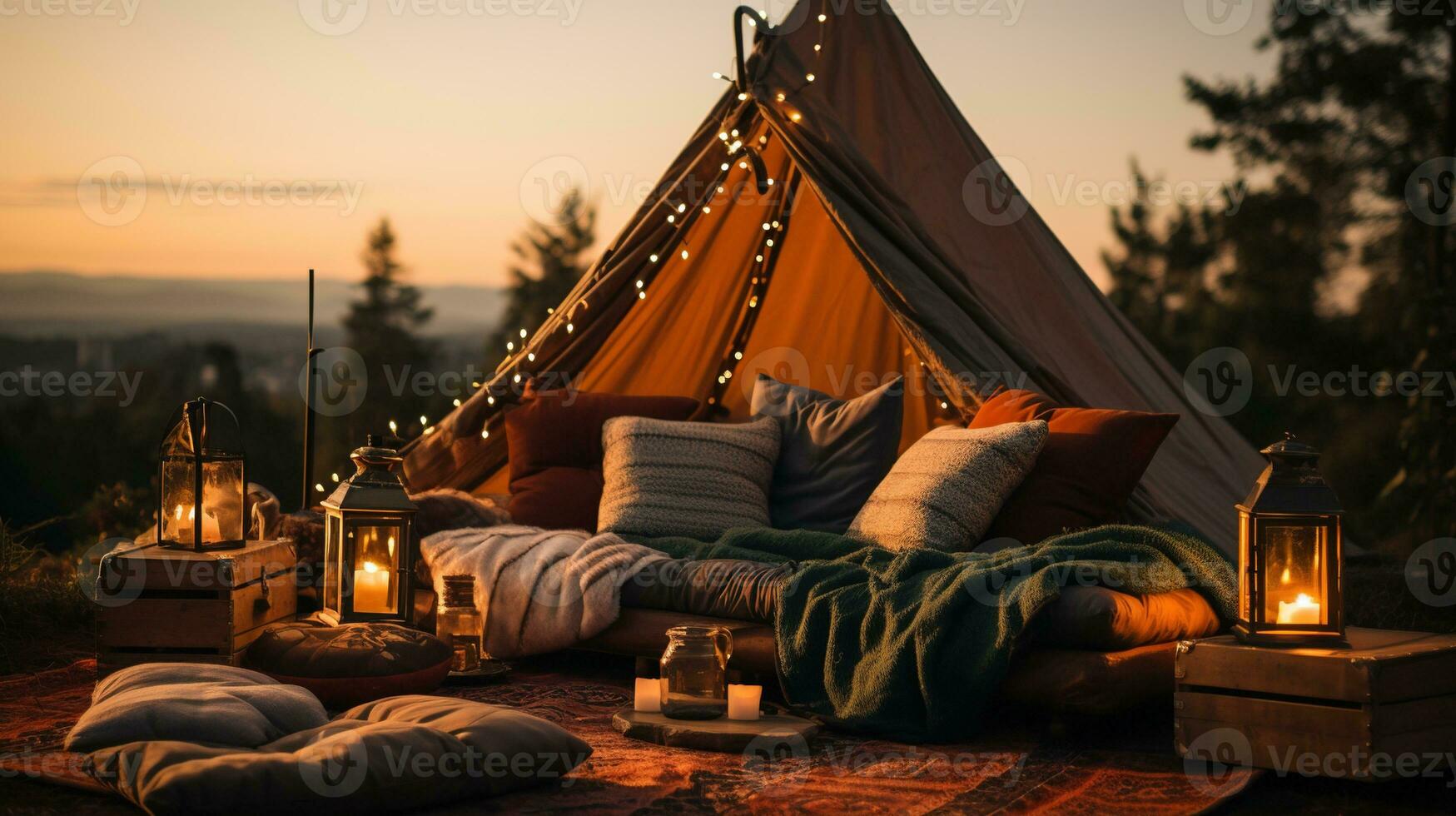 generativo ai, romântico acampamento com lanterna luzes, travesseiros, cobertor. cidade Visão dentro a tarde foto