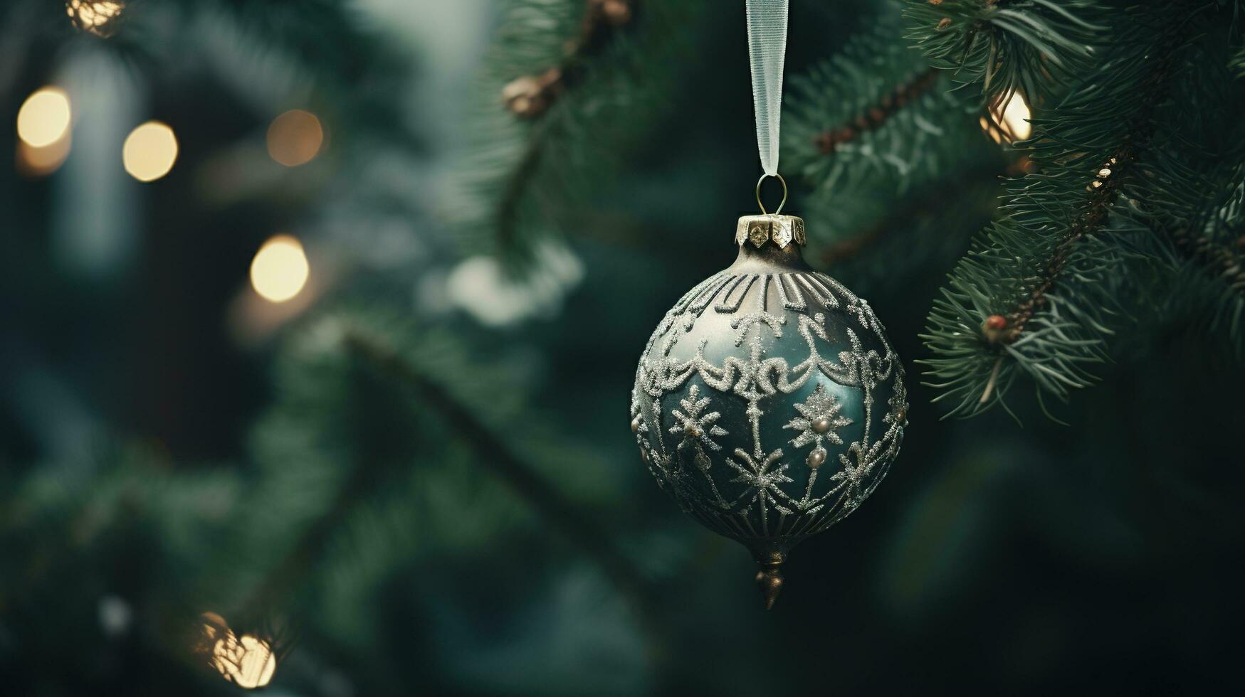 generativo ai, natal e Novo ano bolas dentro a abeto árvore galhos, feriados conceito, festivo inverno estação fundo foto