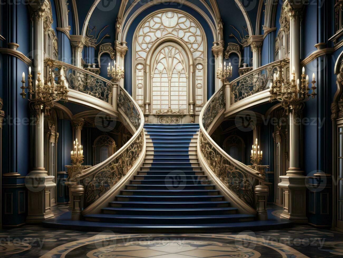 luxuoso mansão Escadaria ouro e real azul fundo foto