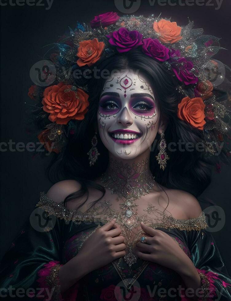 lindo mulher com pintado crânio em dela face para do méxico dia do a morto foto