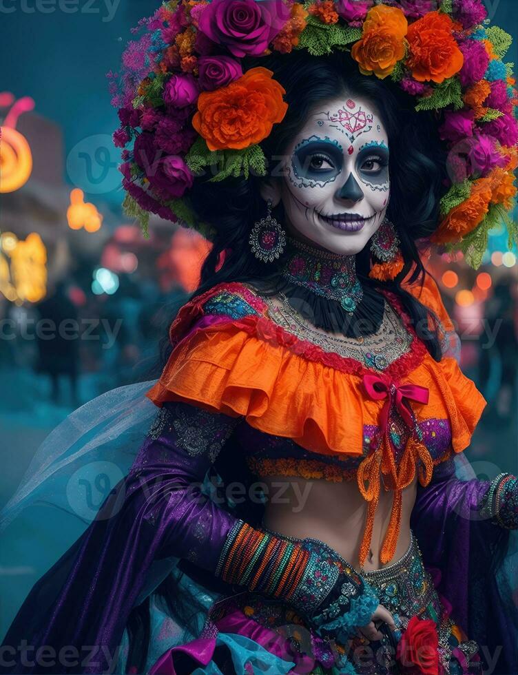 lindo mulher com pintado crânio em dela face para do méxico dia do a morto foto