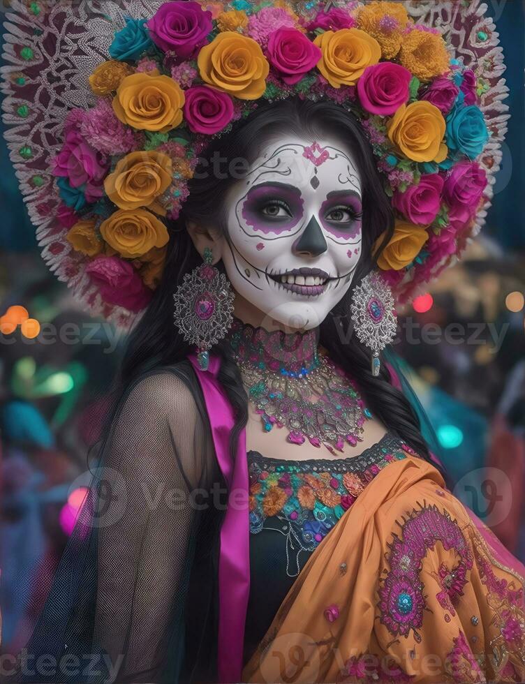 lindo mulher com pintado crânio em dela face para do méxico dia do a morto foto