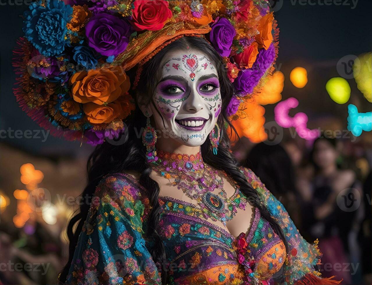 lindo mulher com pintado crânio em dela face para do méxico dia do a morto foto