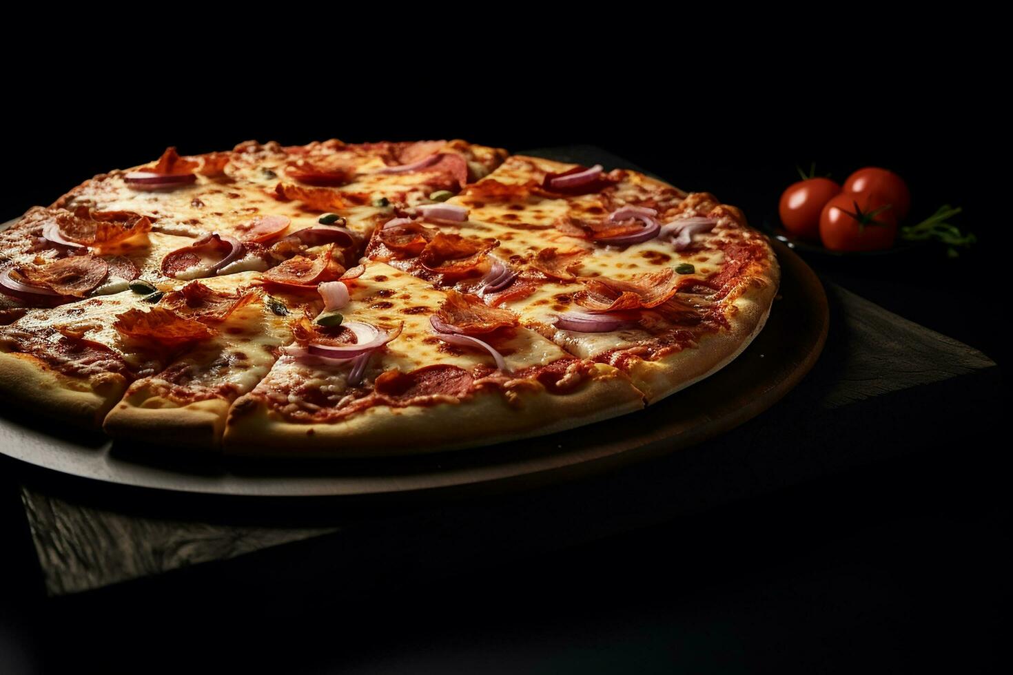 calabresa pizza em a de madeira borda com Sombrio iluminação e Preto fundo. Comida e Entrega conceito. generativo ai foto