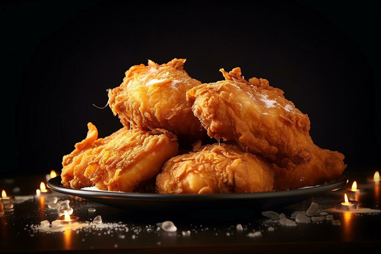 crocantes frito frango em a de madeira borda com Sombrio iluminação e Preto fundo. Comida e Entrega conceito. generativo ai foto