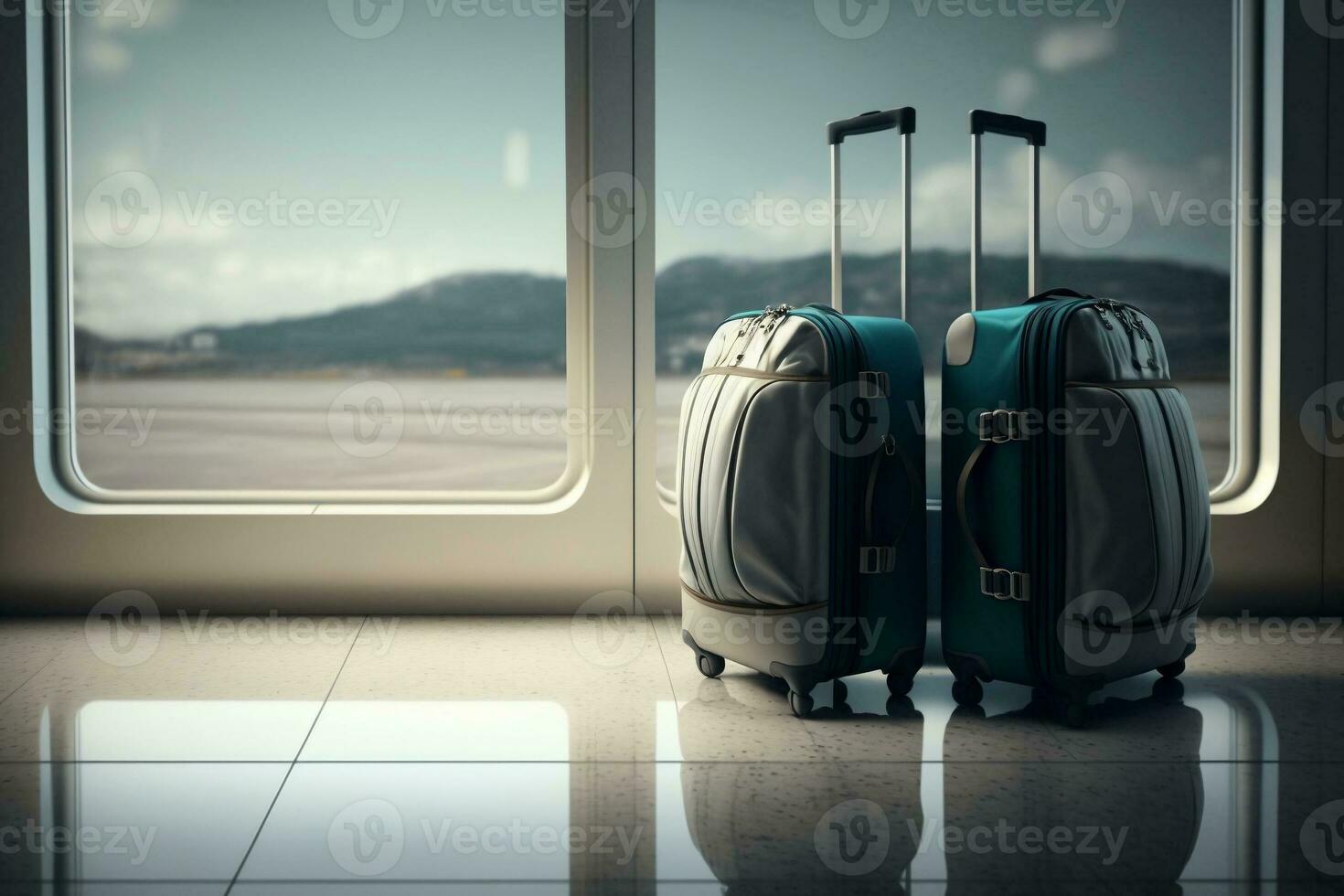 malas para viagem, bagagem dentro a aeroporto terminal contra a fundo do a janela e a pista. ai generativo foto