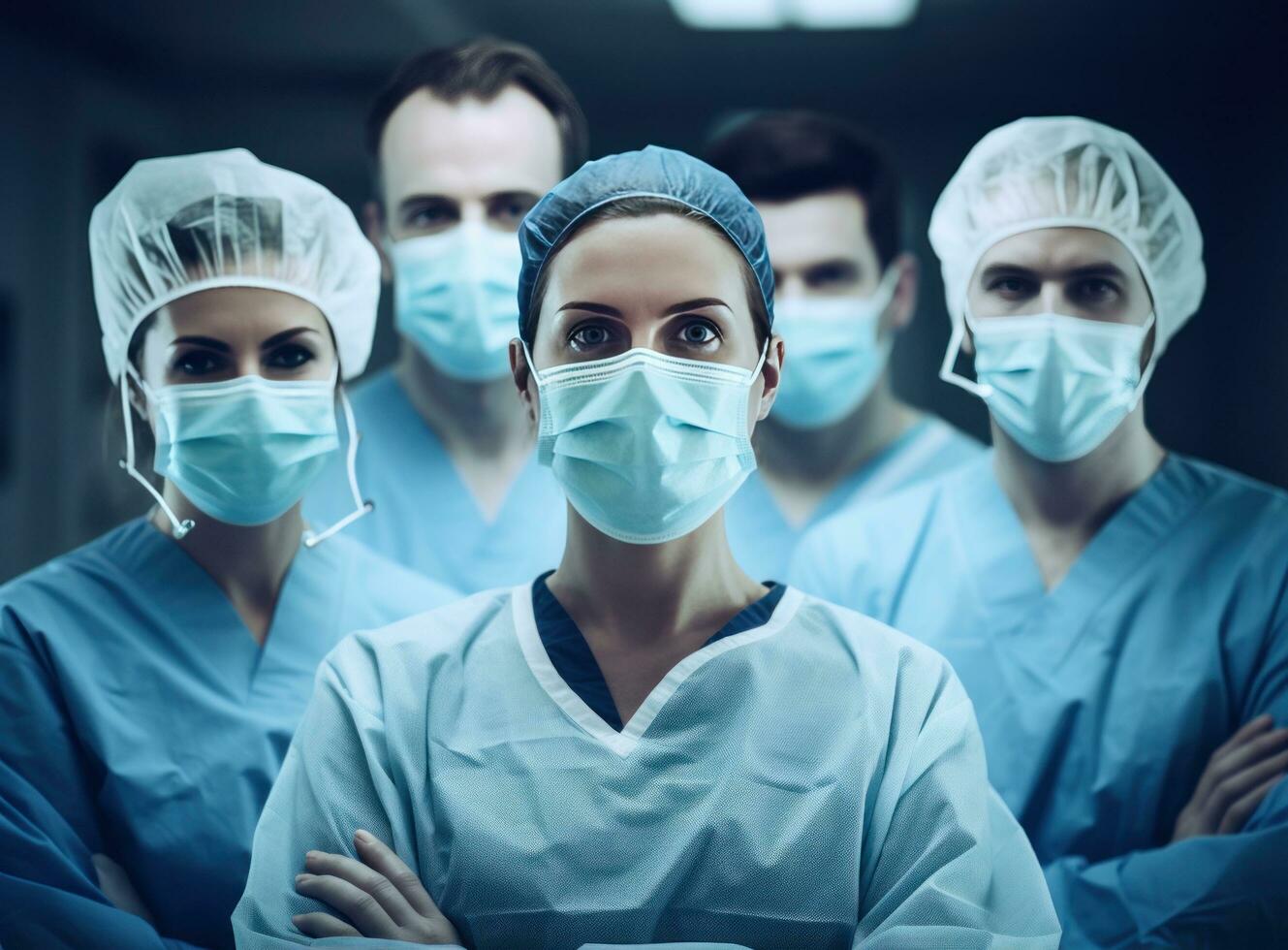 grupo do médicos e enfermeiras mostrando face máscaras dentro hospital foto