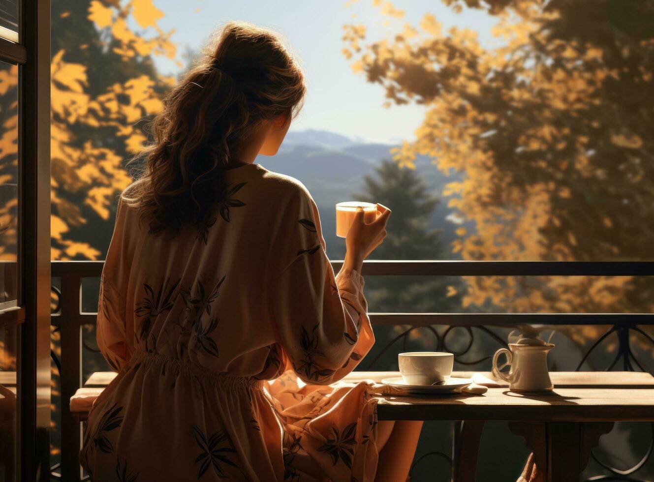 outono fundo com menina bebendo café foto