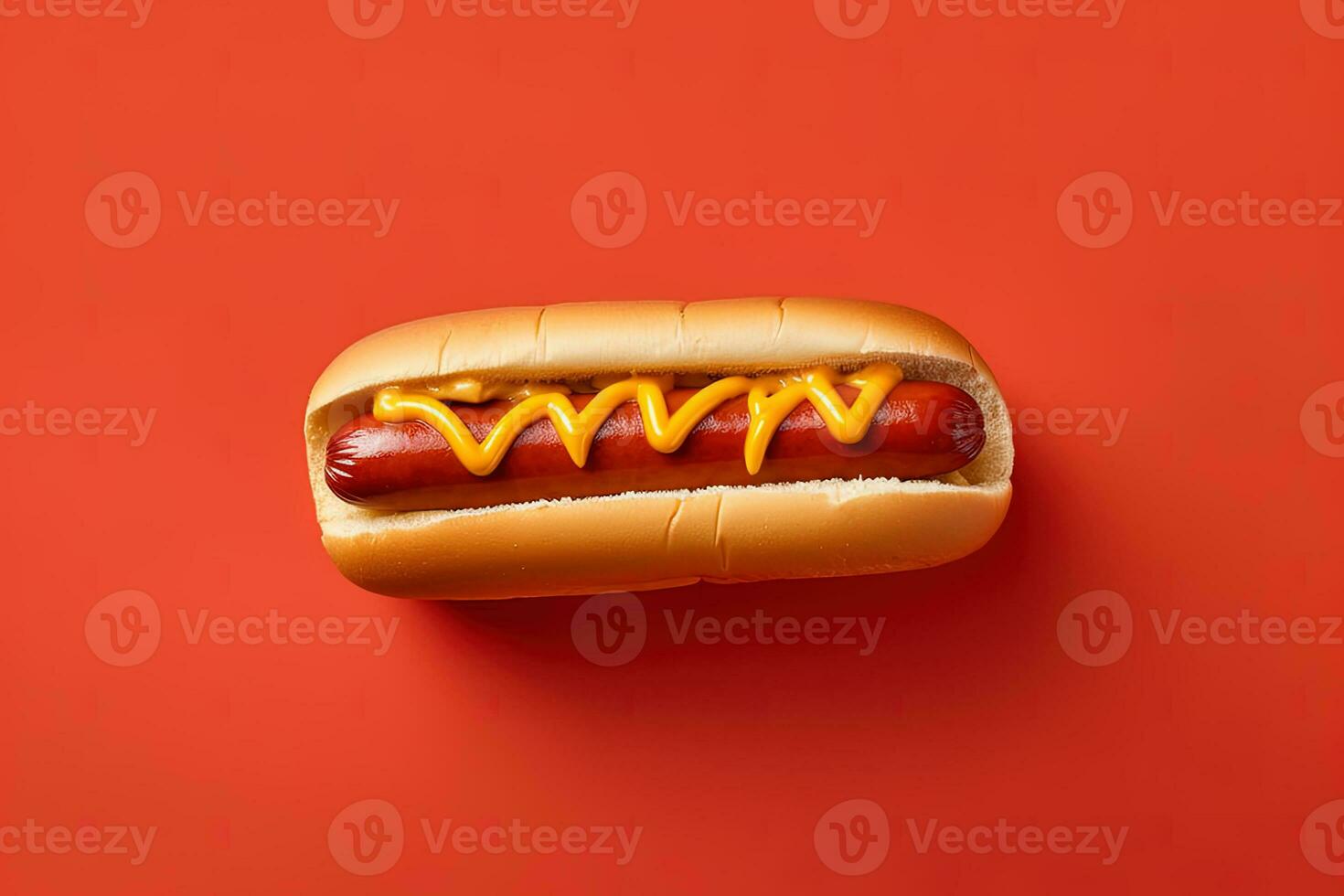 quente cachorro com mostarda e ketchup isolado em uma vermelho fundo. ai gerado foto