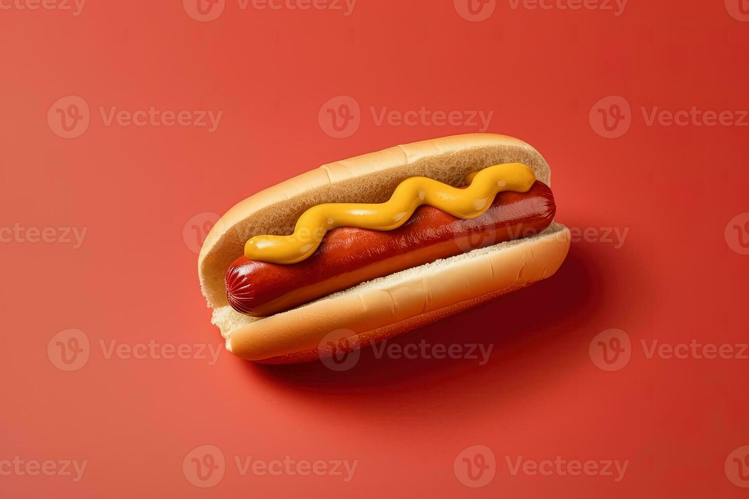 quente cachorro com mostarda e ketchup isolado em uma vermelho fundo. ai gerado foto