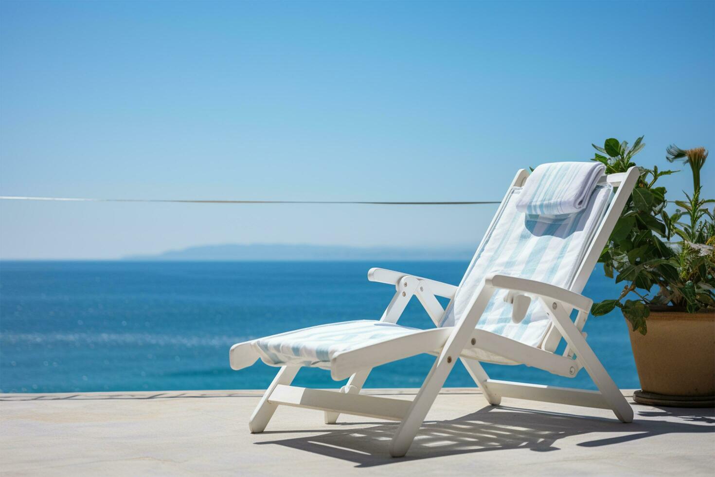 ai gerado branco área coberta cadeira em terraço com deslumbrante mar visualizar. foto