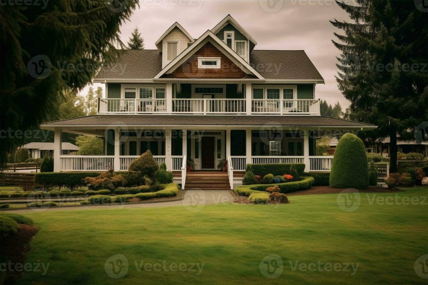 luxo casa com varanda, grande árvore e agradável panorama ai gerado foto