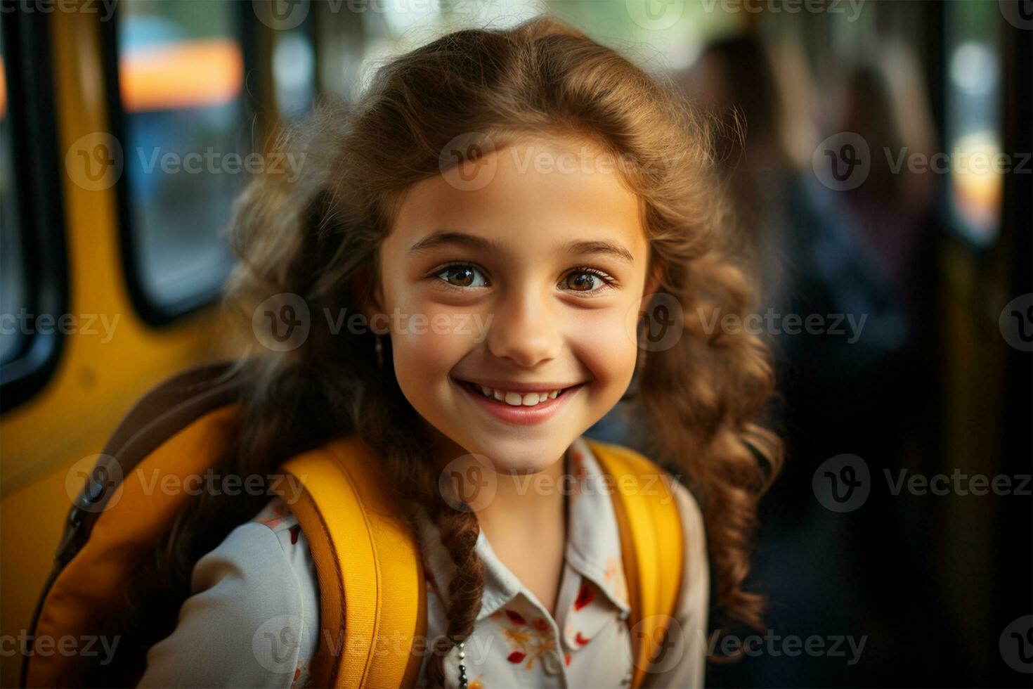 retrato do uma sorridente pequeno menina dentro uma amarelo mochila em a fundo do a ônibus ai gerado foto