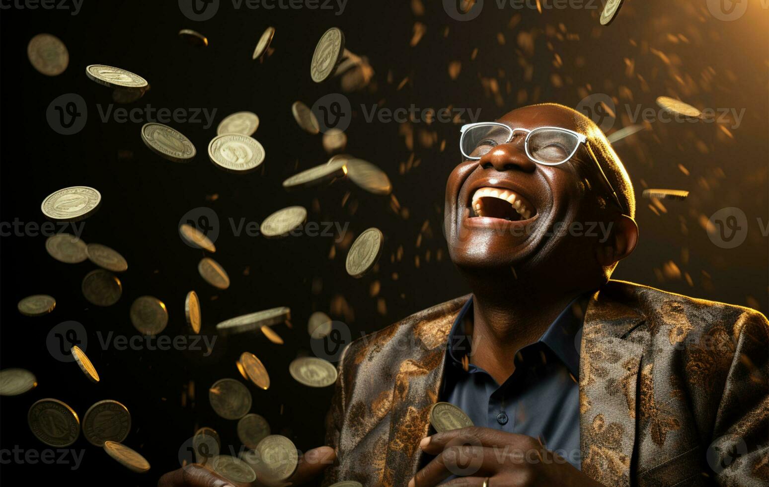 retrato do uma feliz africano americano homem com dinheiro vôo dentro a ar ai gerado foto