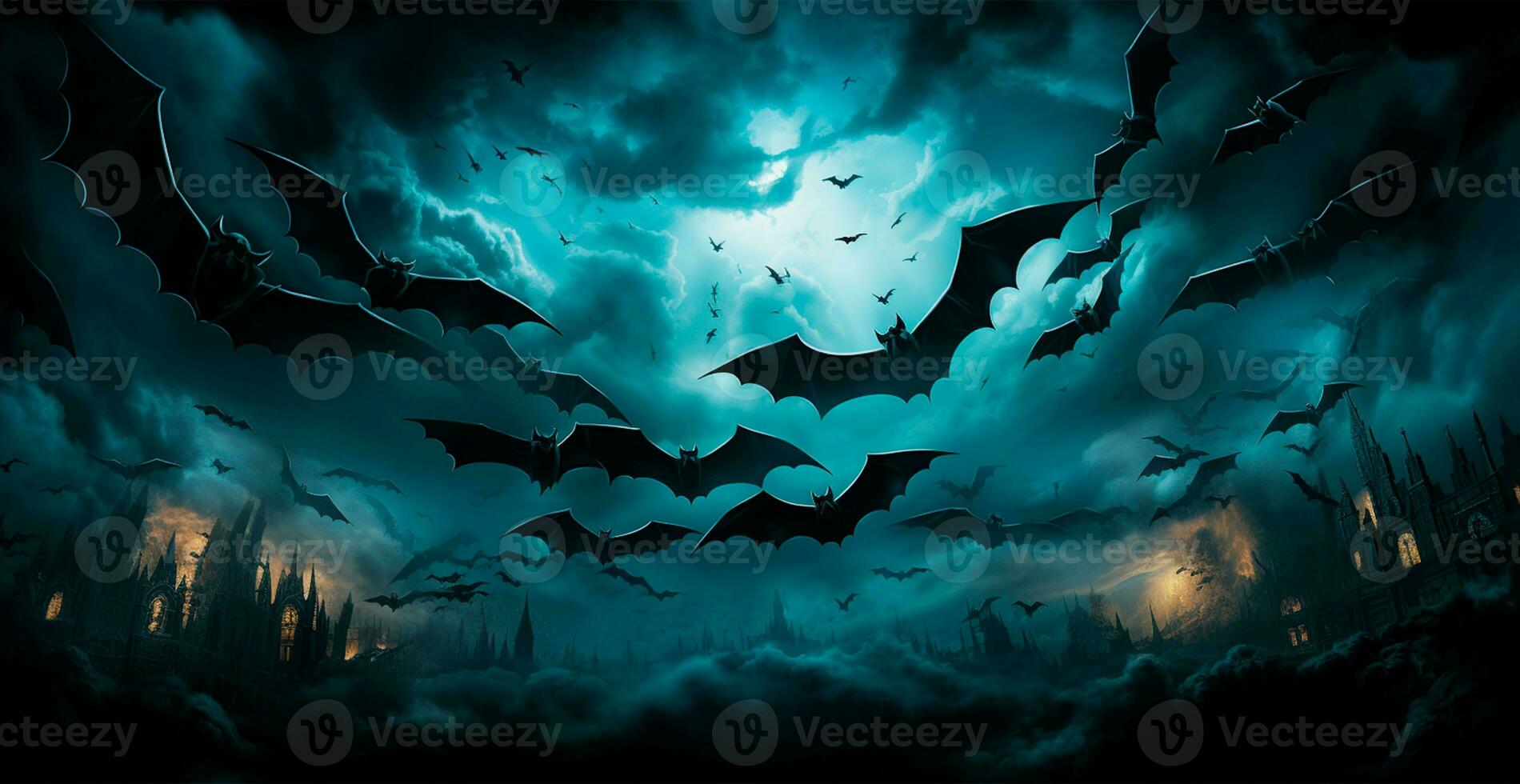 muitos morcegos vôo dentro a Sombrio noite, festivo noite do a morto, dia das Bruxas - ai gerado imagem foto