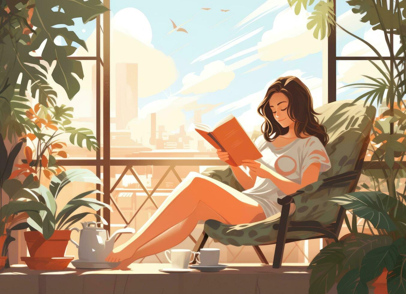 jovem mulher lendo livro dentro quarto dentro sacada casa com em vaso plantas foto