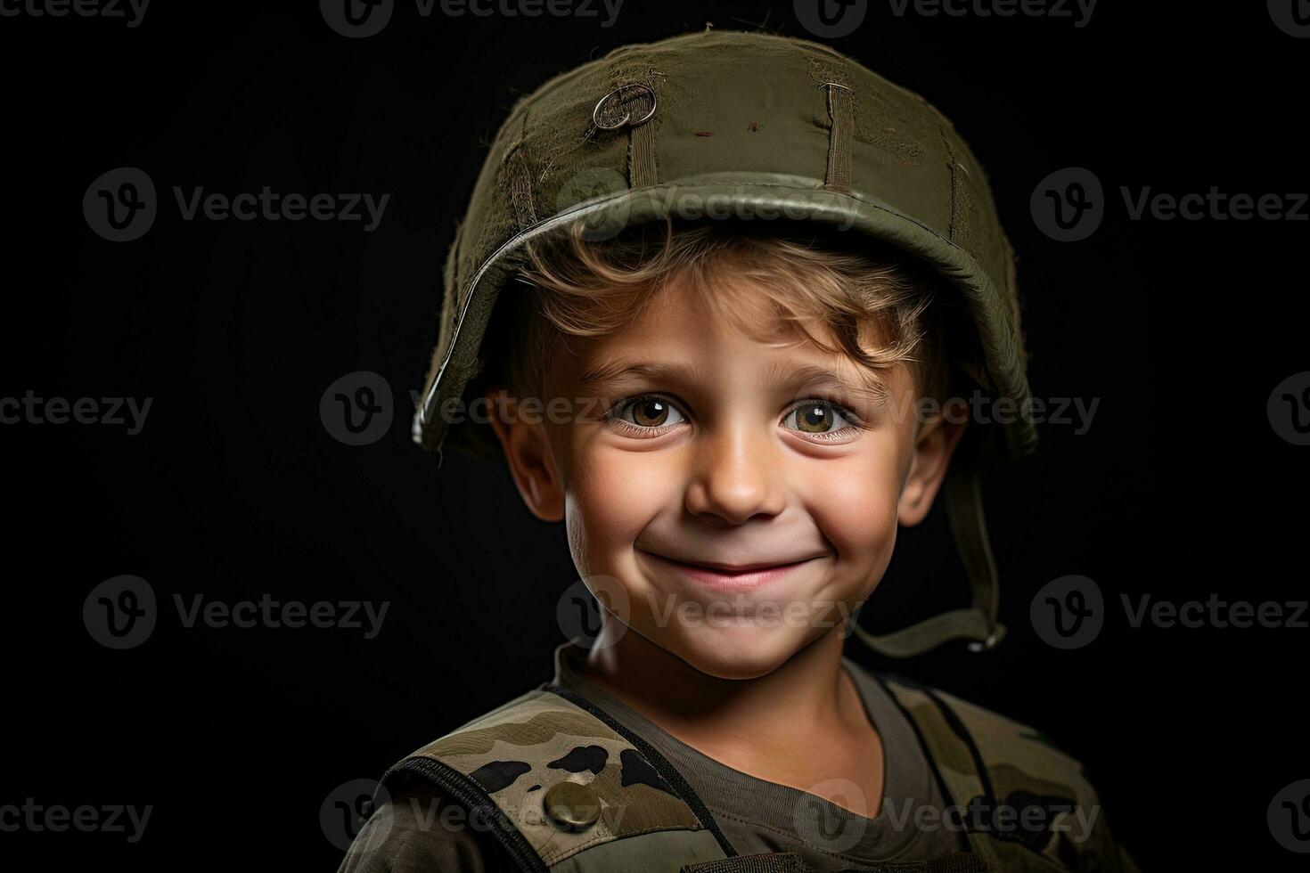 retrato do uma fofa pequeno Garoto dentro militares uniforme em Sombrio fundo ai gerado foto