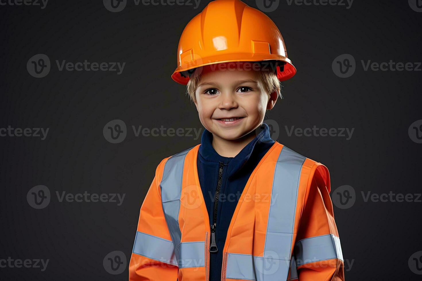 retrato do uma fofa pequeno Garoto dentro uma construção capacete ai gerado foto