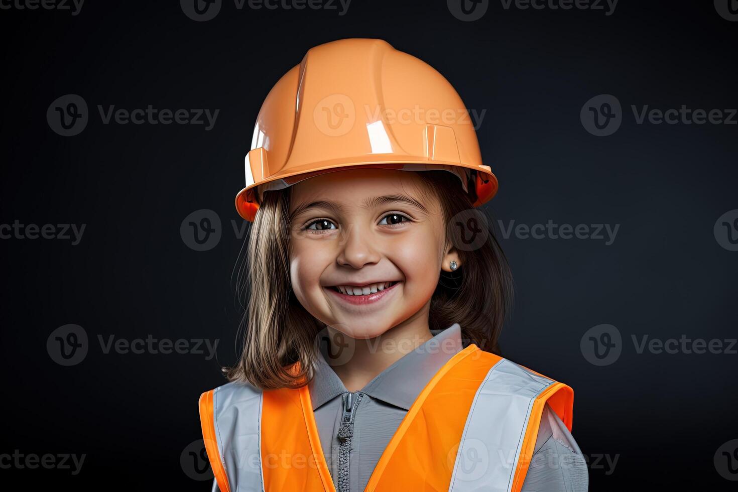 retrato do uma sorridente pequeno menina dentro uma construção capacete ai gerado foto