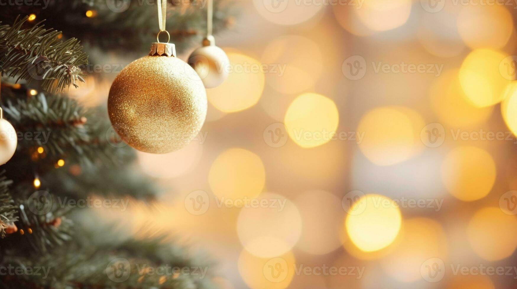 Natal árvore com dourado bugiganga enfeite decoração em borrão fundo com cópia de espaço para Projeto. feliz Novo ano e feriado sazonal festivo pano de fundo conceito. generativo ai foto