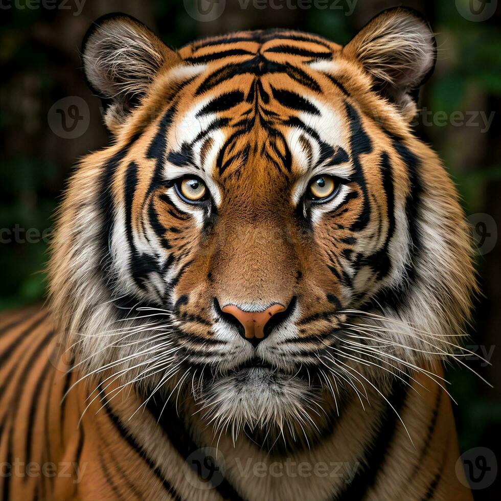 fechar-se tiro do a cabeça do uma majestoso tigre olhando diretamente às a Câmera foto