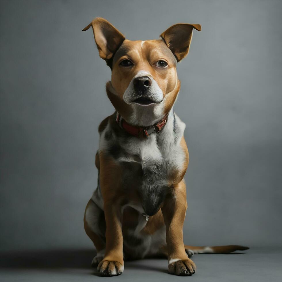 retrato fofa do uma cachorro e uma gato olhando às a Câmera dentro frente do uma branco fundo foto