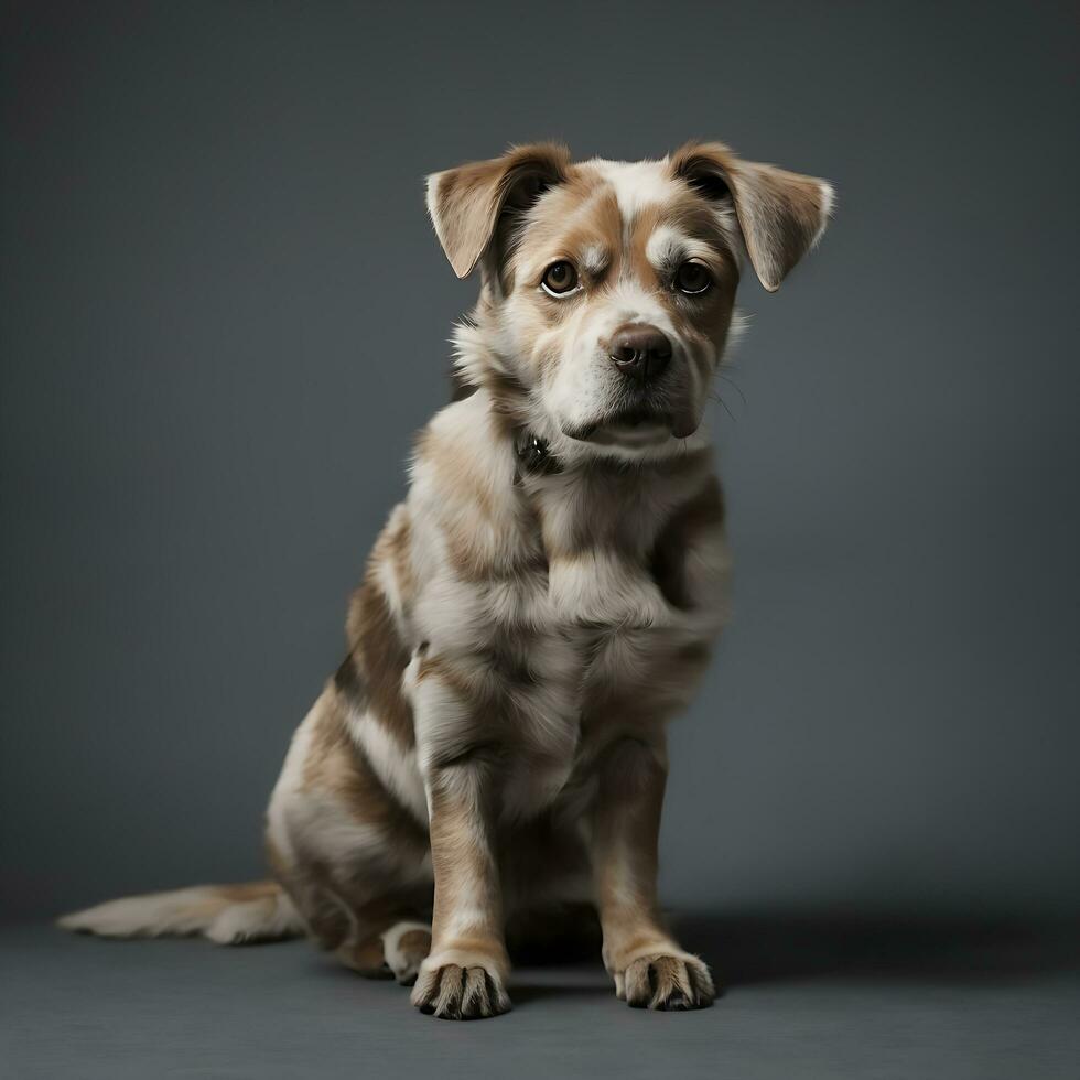 retrato fofa do uma cachorro e uma gato olhando às a Câmera dentro frente do uma branco fundo foto