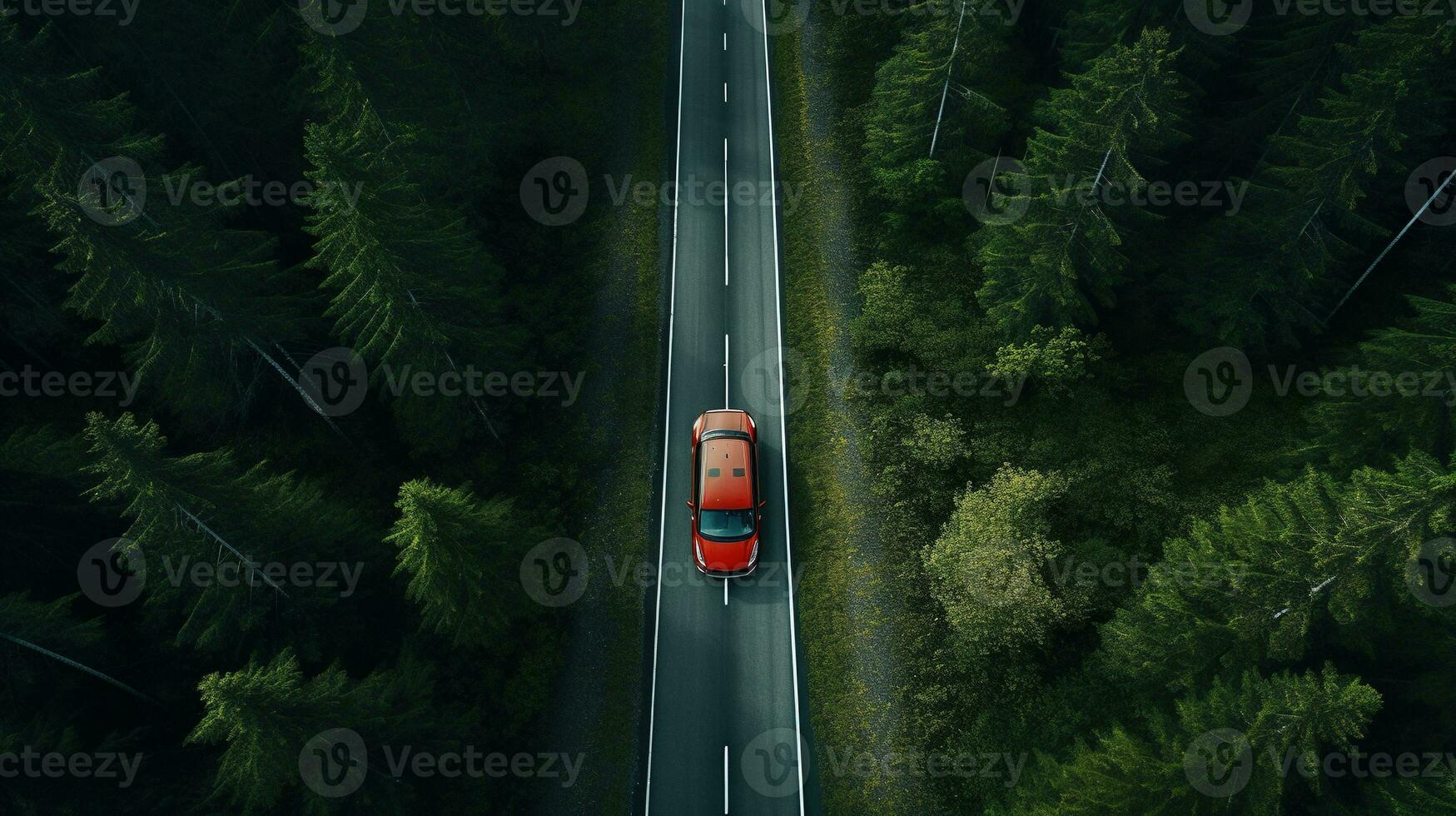 topo Visão do vermelho carro em floresta rodovia ai generativo foto