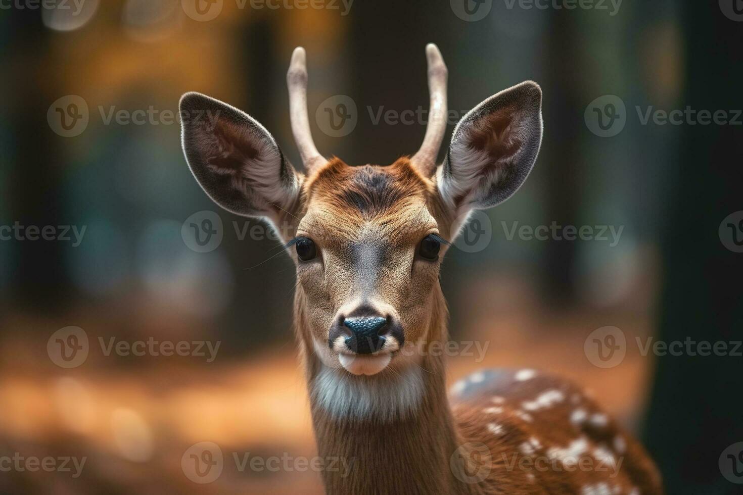 fechar-se solteiro sika fêmea veado cervus nipônico, japonês veado olhando às Câmera, selvagem vida animais ai generativo foto