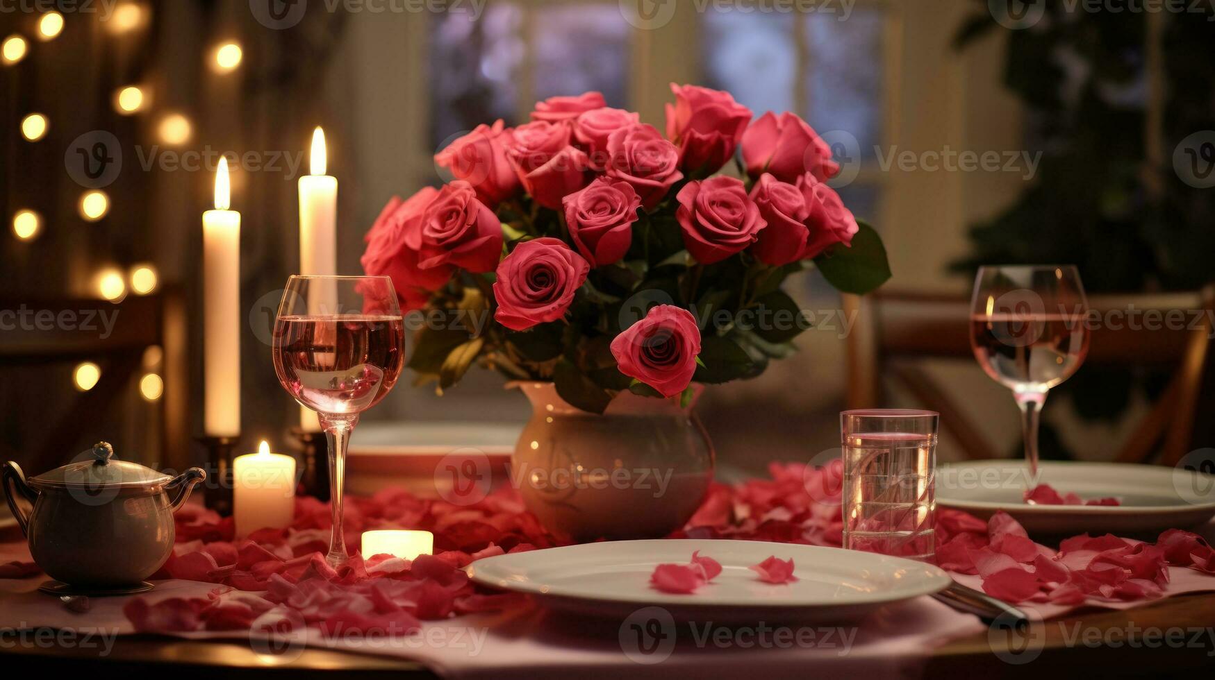 romântico jantar com uma vermelho rosa ramalhete generativo ai foto