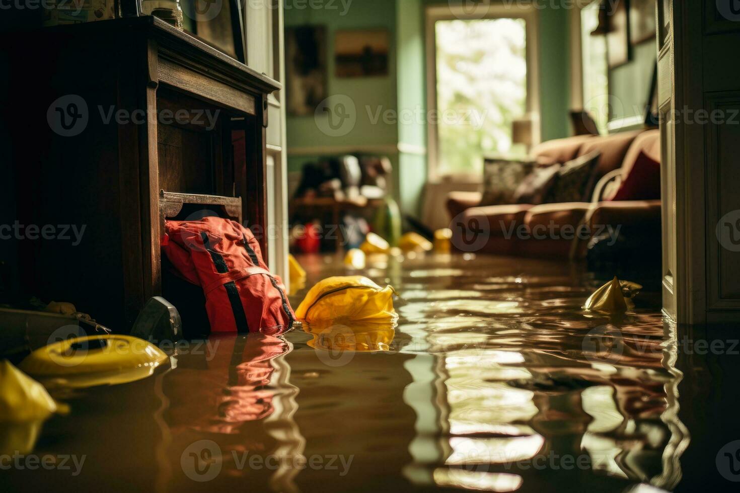 inundado quarto dentro a casa com coisas, tsunami arruinado pessoas propriedade generativo ai foto