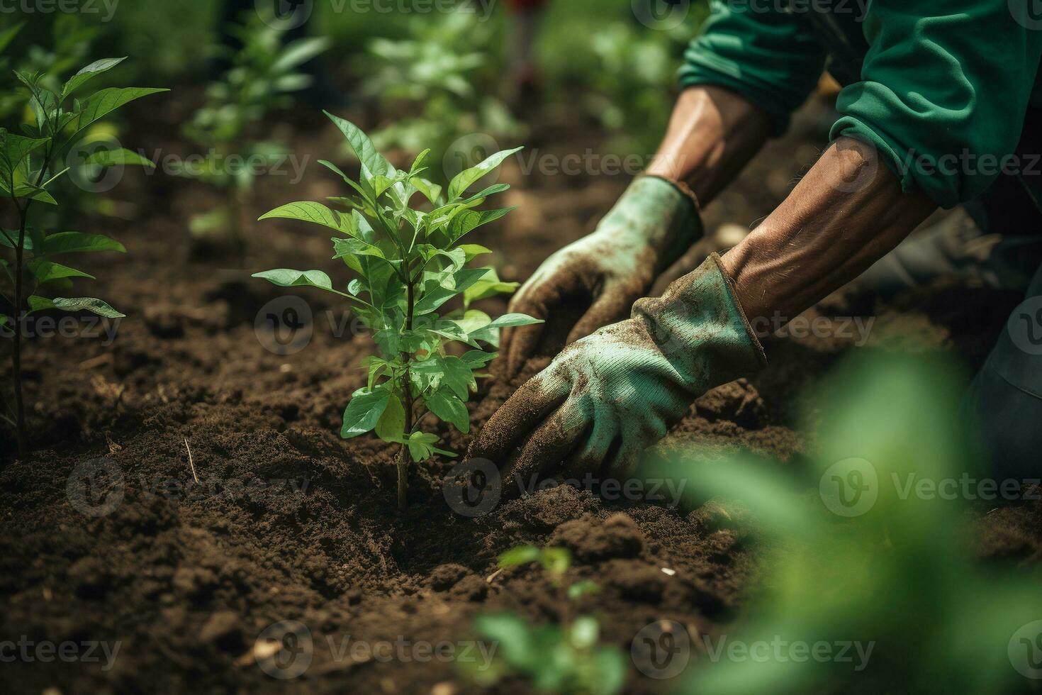 agricultores mãos plantio árvores dentro uma comunidade jardim. ai generativo foto