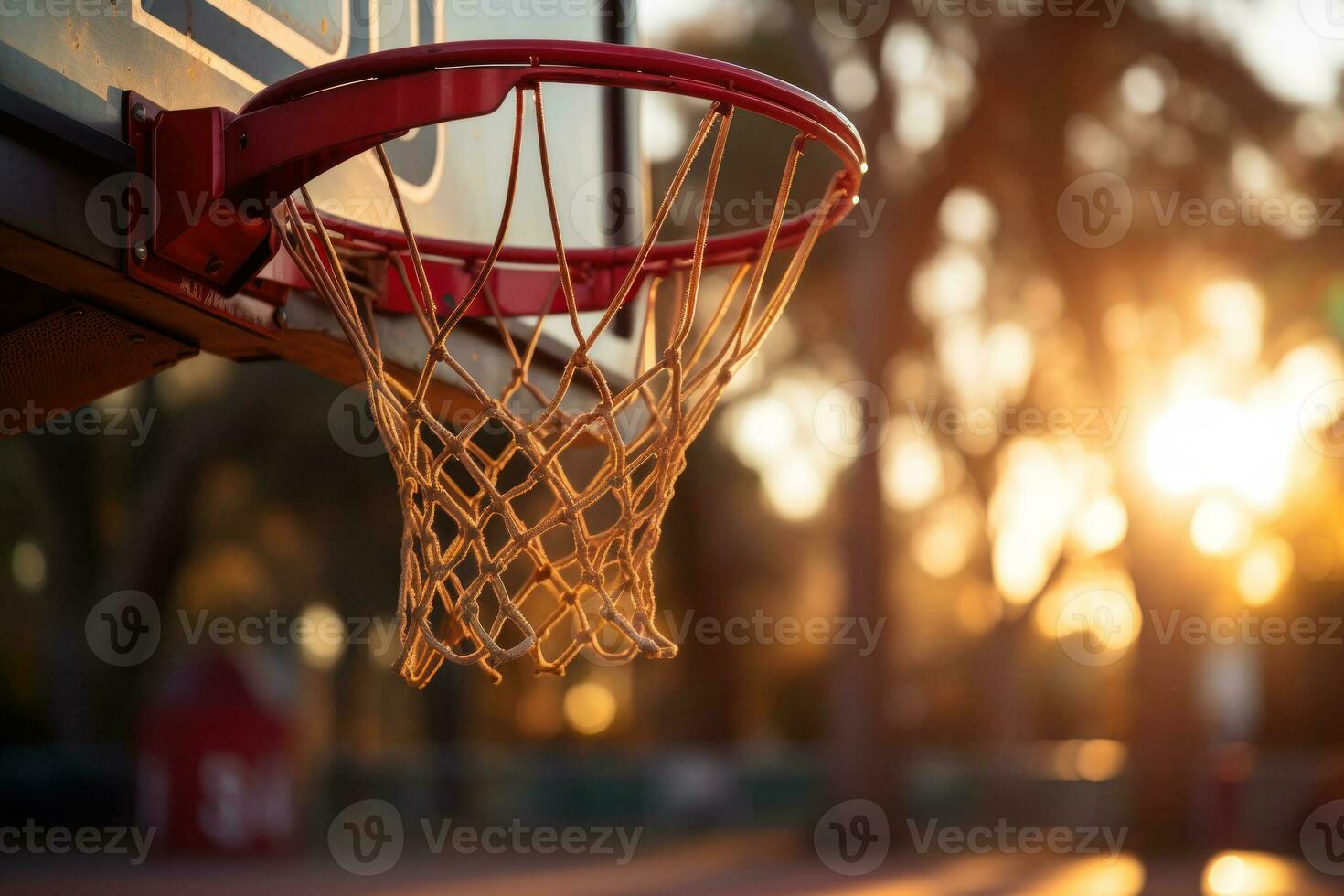 basquetebol aro dentro a tarde Sol generativo ai foto